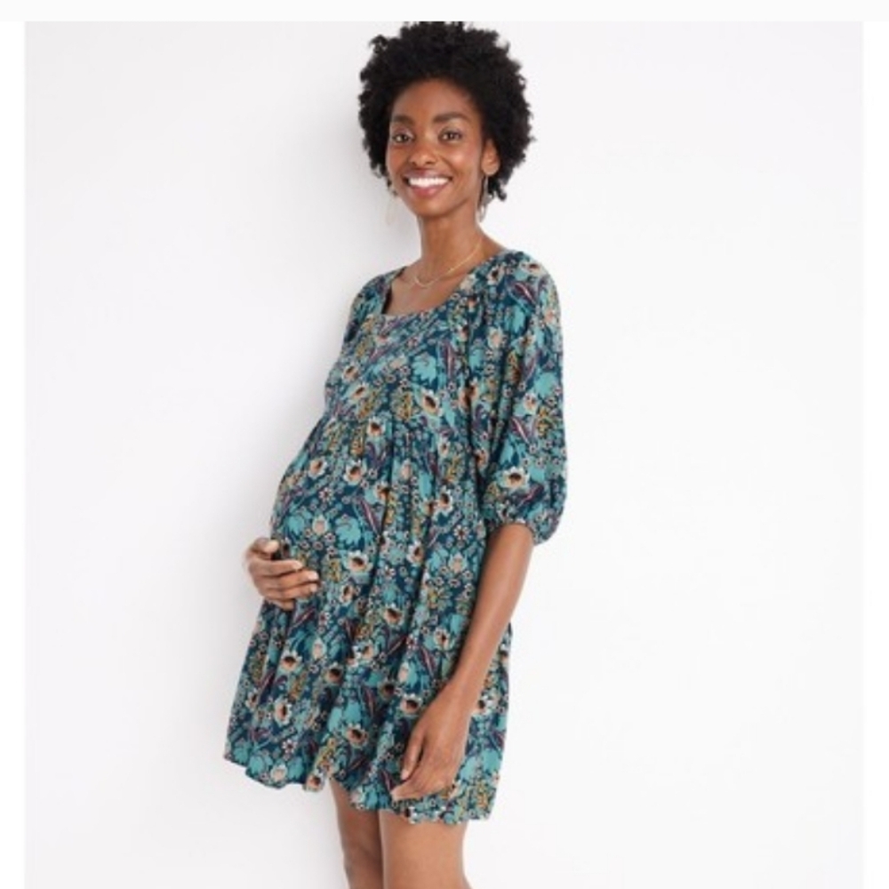 NWT Maurices Maternity Babydoll Dress Floral Size Small Blue Teal